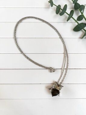 Sterling Silver 925 Smoky Quartz Owl Pendant Necklace Gold Tone Accents